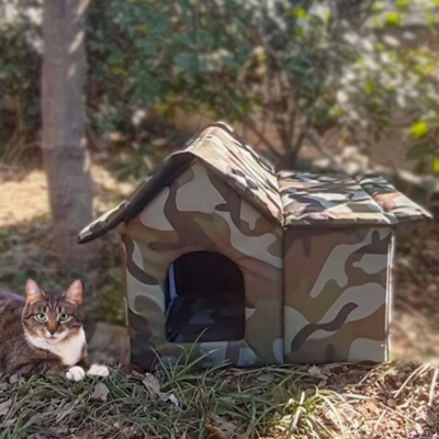 maison-pour-chat-exterieur-camouflage-kaki-avec-un-chat-tigre